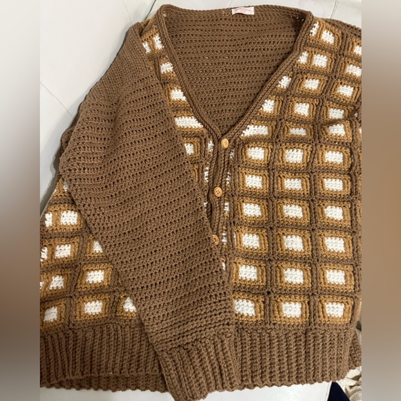 Brown and White handmade knit blanket cardigan Sweater one of a kind 3X Large - Picture 6 of 10